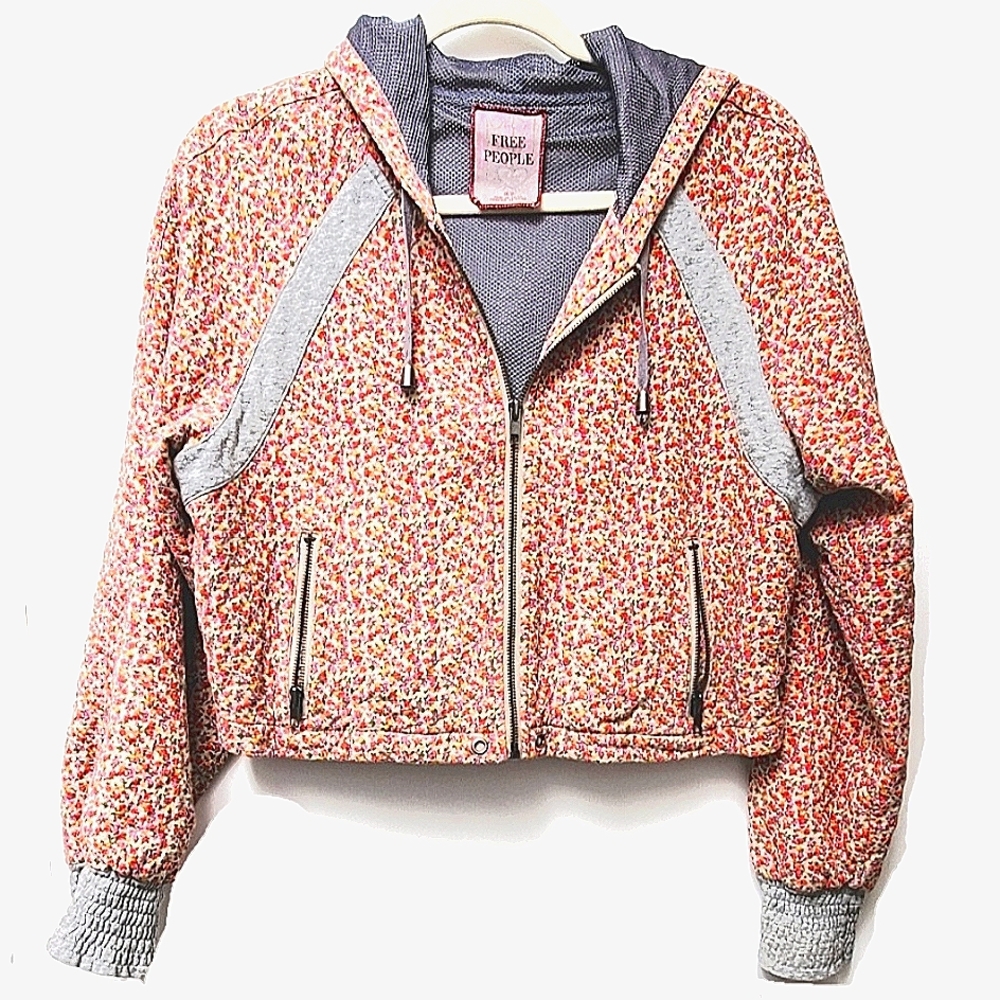 Free People Zip Up Cropped Boho Floral Sweatshirt Jacket Hoodie Size Small